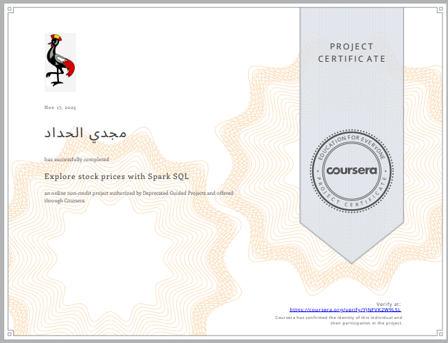 Explore Stock Prices with Spark SQL certificate
