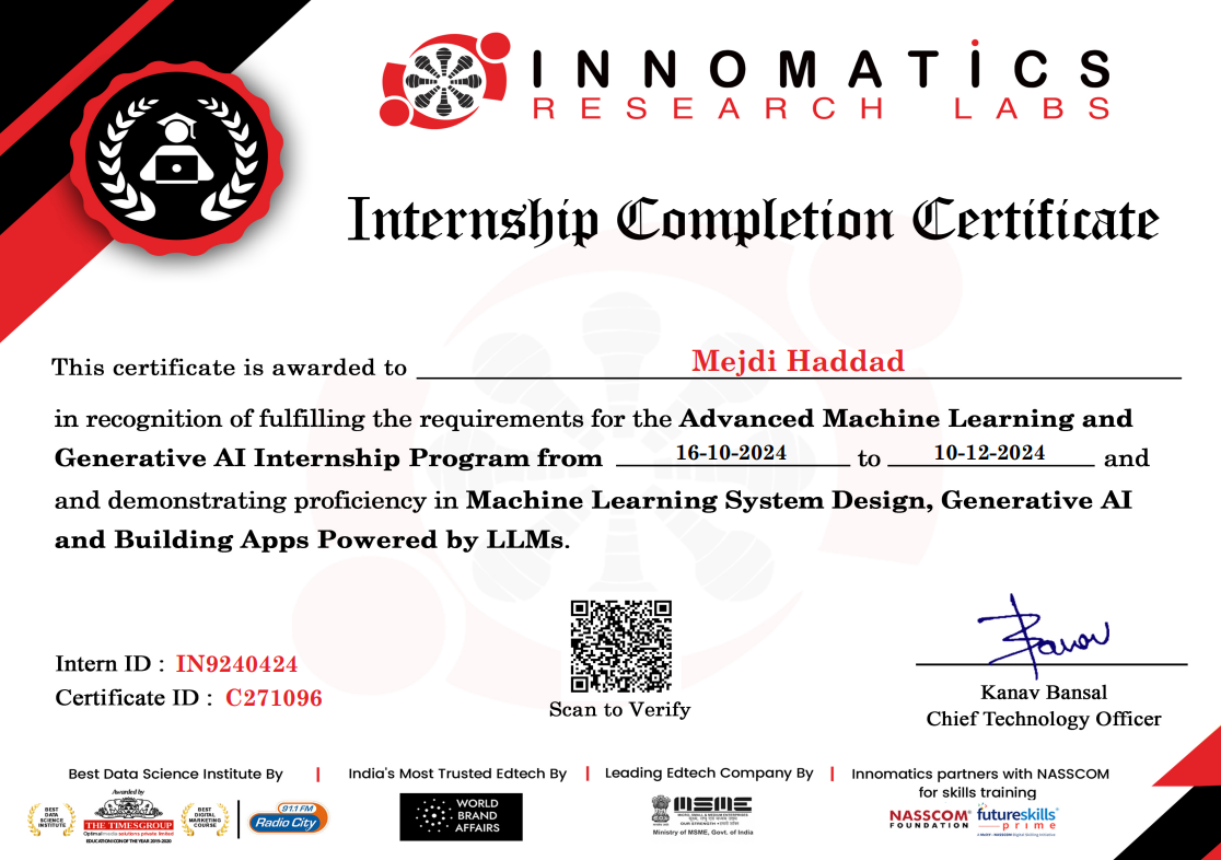 Data Science with GenAI Internship Program certificate