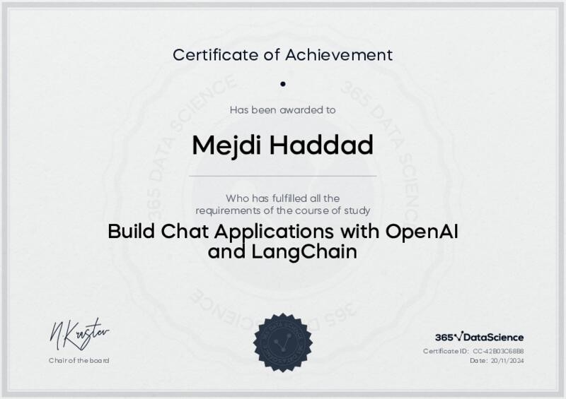 Certificate of Completion - Build Chat Applications with OpenAI and LangChain certificate