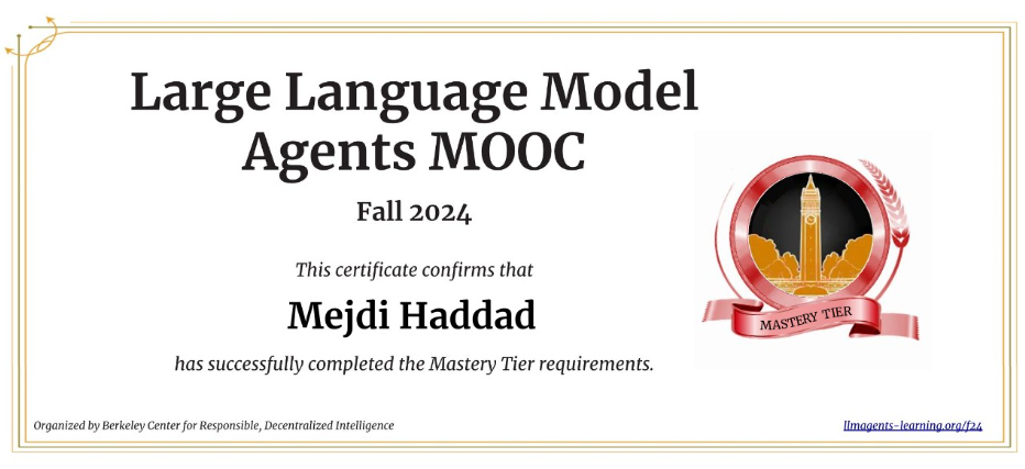 LLM Agents MOOC Fall 2024 certificate